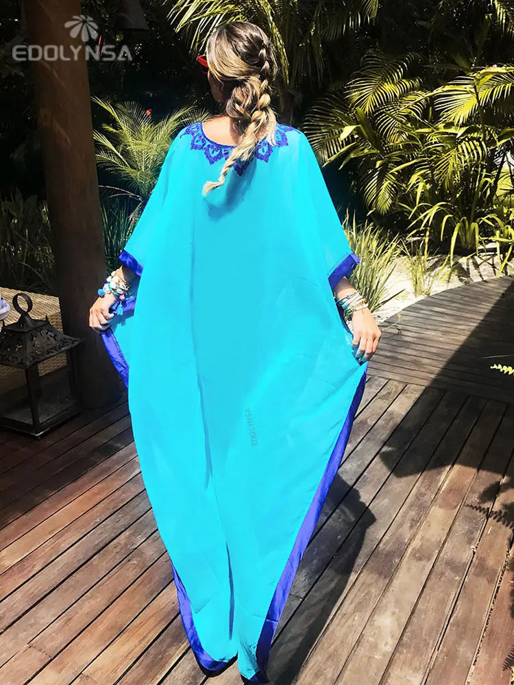 2023 Bohemian Embroider Summer Beach Dress Chiffon Tunic Women Plus Size Beachwear Kaftan Sexy Half Sleeve Maxi Dress Robe  N746