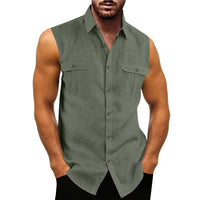 2023 Summer New Men's Shirts Solid Color Linen Cardigan Sleeveless Loose Lapel Men's Shirts Camisa