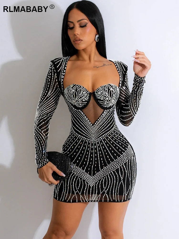 RLMABABY Sparkly Backless Diamond Sheer Mesh Mini Bodycon Dress Women Sexy Party Club Long Sleeve Package Hip Short Slim Dress