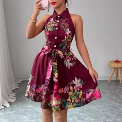 2026 Spring and Summer New Casual Style Waist Strap Dress Flower Printed Women's Dress