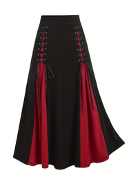 European and American fashion women's plus-size skirt color matching buttonhole lace-up high waist A-line skirt