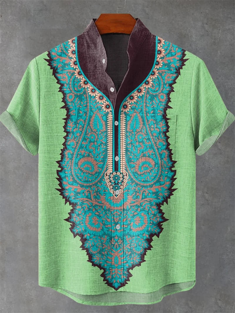 Men's Short Sleeve Shirt Vintage Ethnic Style Sunlight and Tree Illustration Art Snake Print Casual Linen Shirt