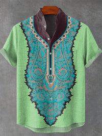 Men's Short Sleeve Shirt Vintage Ethnic Style Sunlight and Tree Illustration Art Snake Print Casual Linen Shirt