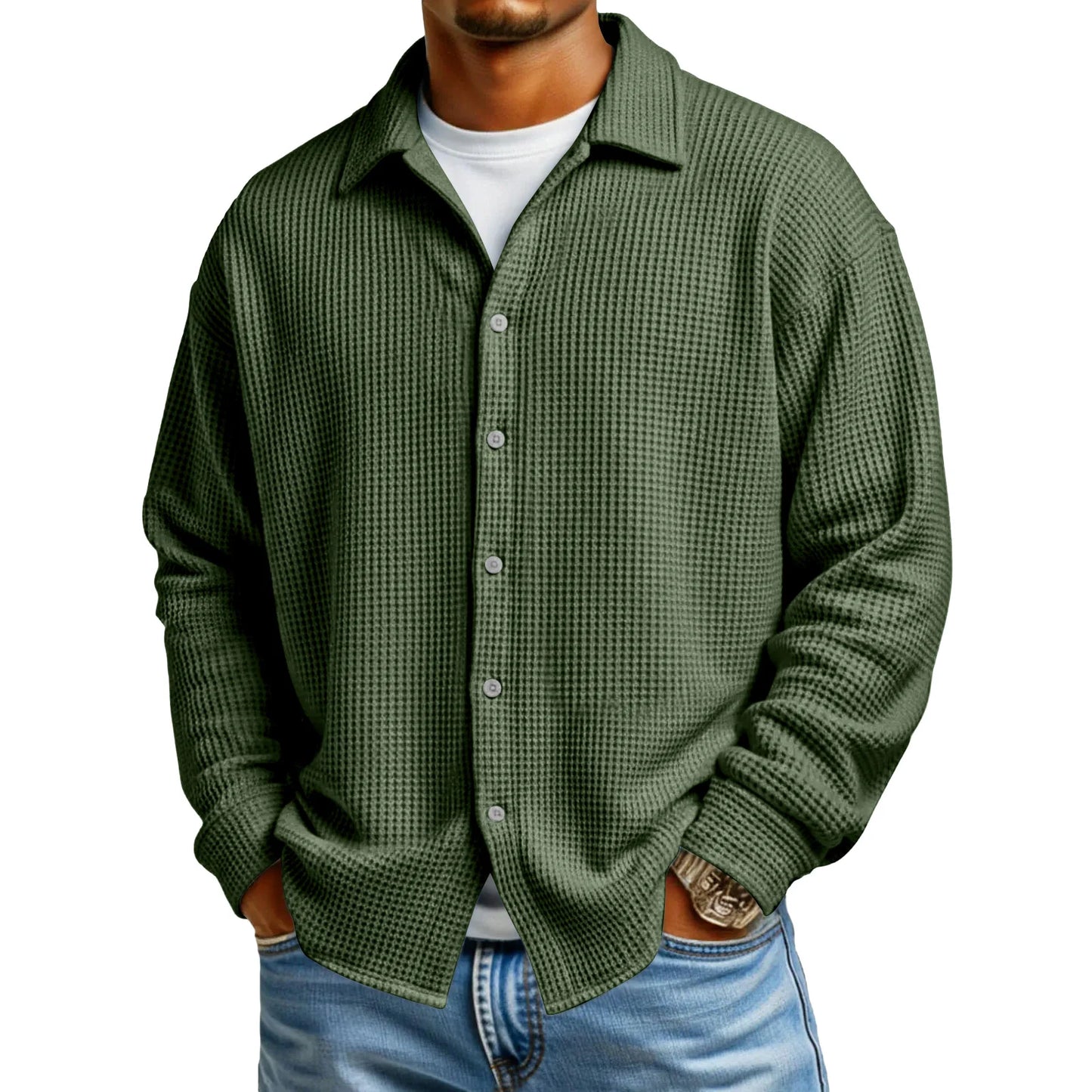 Men Casual Button Down Shirt Long Sleeve Collar Shirt Waffle Texture Loose Fit Fashion Men Top Trendy Outfit Daily Wear