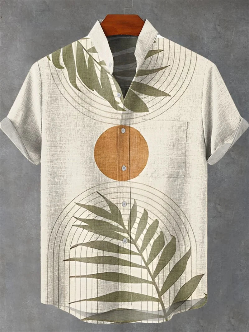 Men's Short Sleeve Linen 100% Shirt 3D Octopus Print Funny Art Hawaiian Leaf Flip-Collar Shirt New Collection