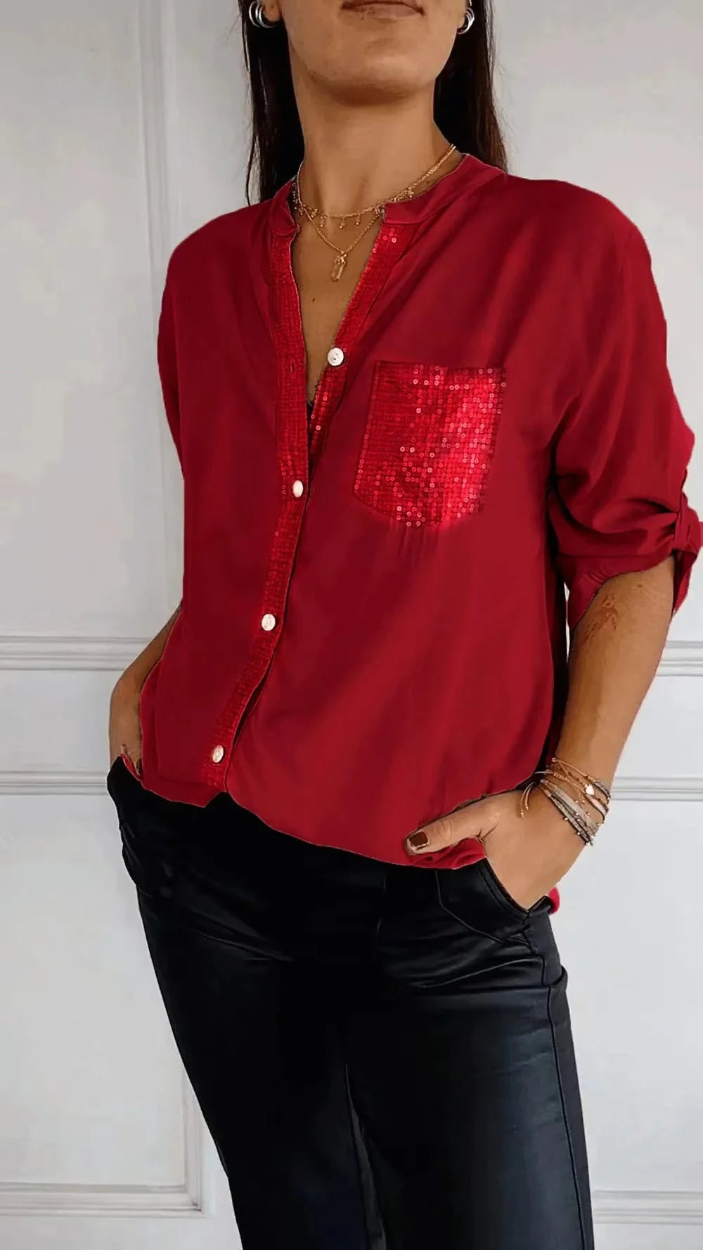Women Pocket Sequined Blouse Shirts Summer Casual Female Button Lantern Sleeve Bling OL Workwear Blouse Tops 2025