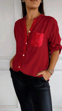 Women Pocket Sequined Blouse Shirts Summer Casual Female Button Lantern Sleeve Bling OL Workwear Blouse Tops 2025