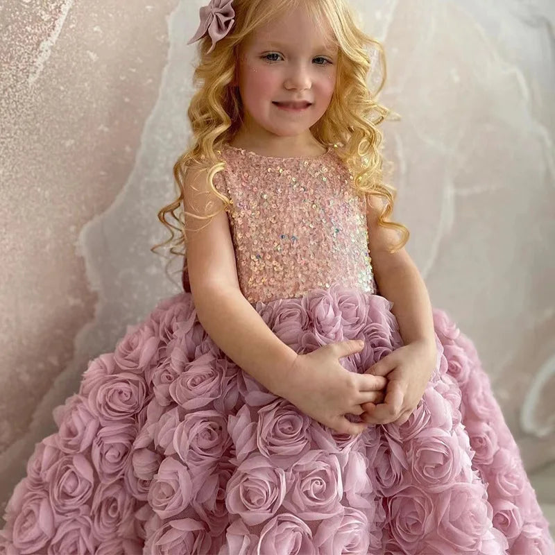 2023 New Arrival Girls Pink Sweet Princess Dress Baby Kids Big Bow Birthday Party Clothing Child Wedding Dress Teen Retro Dress