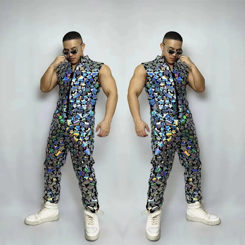 Reflective Laser Sequins Sleeveless Jumpsuit Mirror Overalls Men Singer Bar Nightclub Hip Hop Dance Costume Sexy DJ Stage Wear
