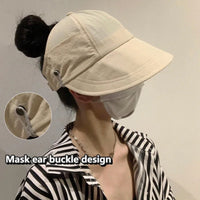 1× Foldable Wide Brim Ponytail Sun Hat Summer Autumn Outgoing UV Protection Bucket Hat for Women Fisherman Caps with Mask Button