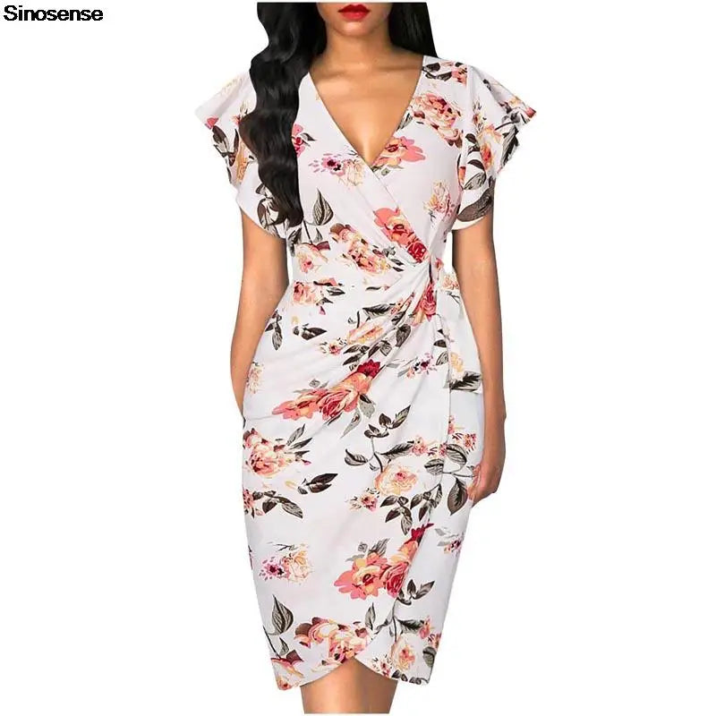 Women Vintage Floral Cocktail Party Dress Sexy V Neck Ruffle Sleeve Ruched Slim Pencil Dress OL Business Work Office Midi Dress