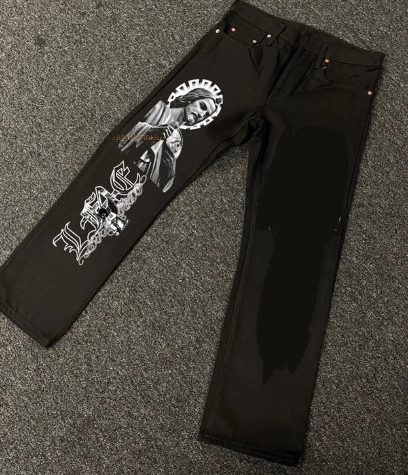 Black Straight Jeans Men Women American Street Trendy Brand Letter Print Jeans Ins Net Red Design Fashion Denim Wide Leg Jeans