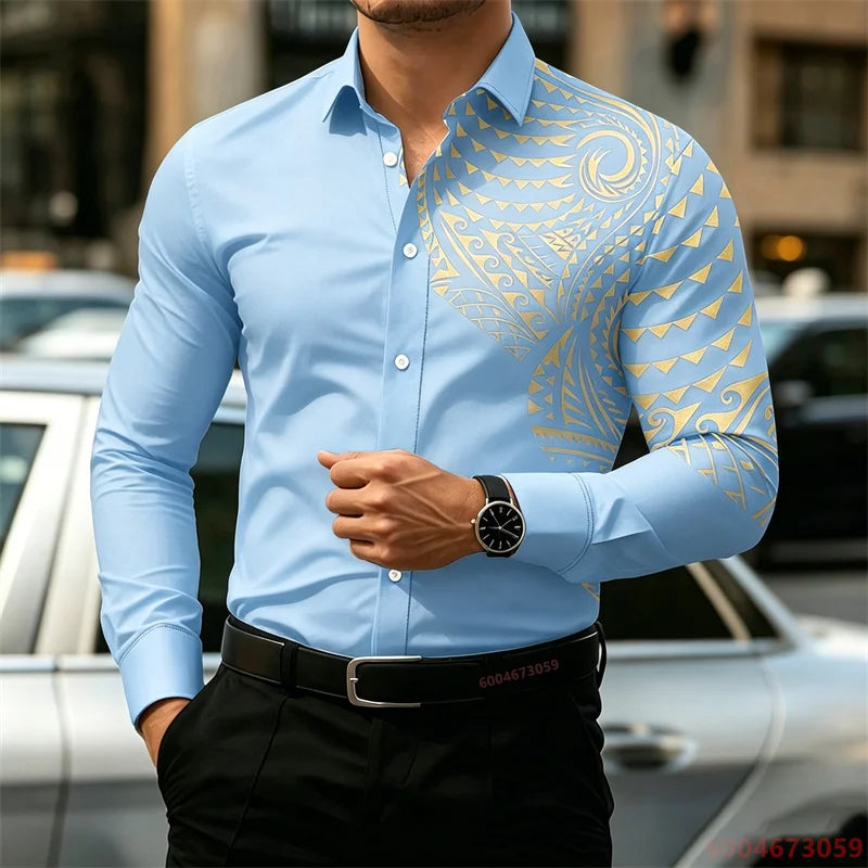 2026 New Men's Long-Sleeve Shirt, Fashionable Pattern Print, Slim Fit, European Size Business Casual Men's Top, Sizes XS-6XL