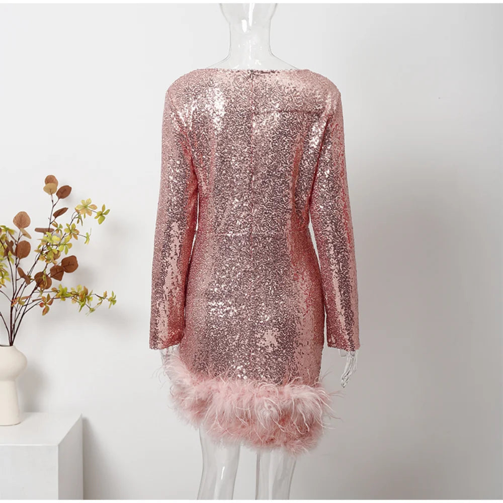 Women Sequin Feather Mini Dress 2023 Sexy Bodycon Evening Party Dresses Long Sleeve Square Collar Sequins Short Club Dress Lady