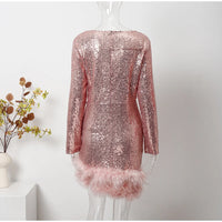 Women Sequin Feather Mini Dress 2023 Sexy Bodycon Evening Party Dresses Long Sleeve Square Collar Sequins Short Club Dress Lady