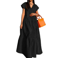 women sundress  Loose V-neck Patchwork Short Sleeves Solid Color Beach Dress Summer Women Dress Elegant Large Hem Maxi Dress