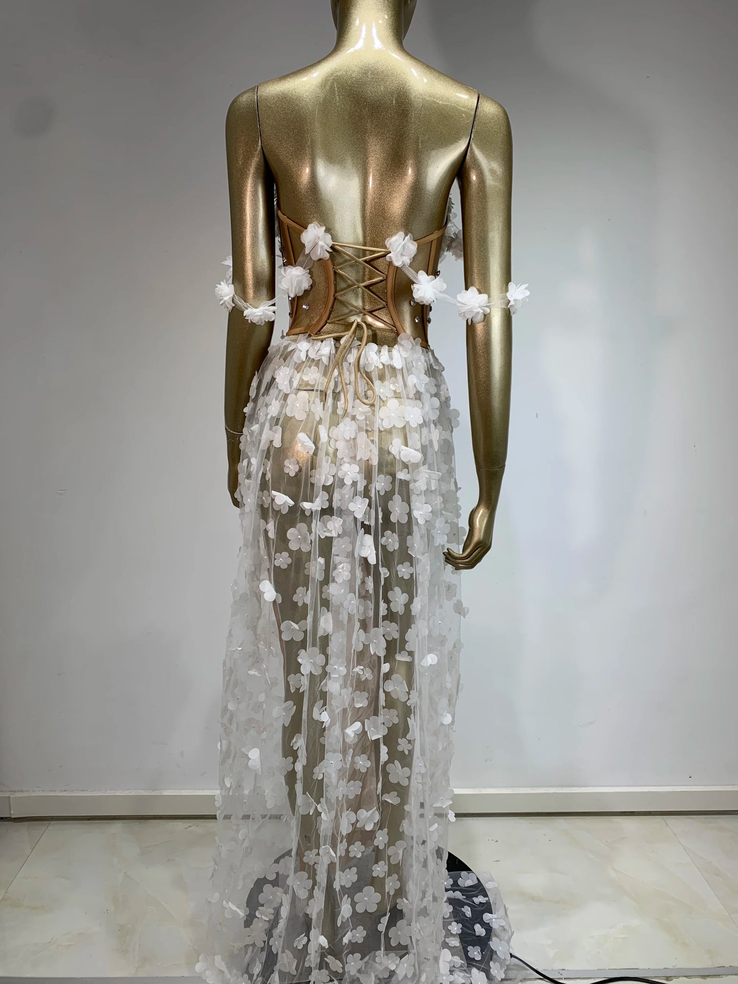 STOCK Women Sexy Strapless White Flower Crystal Long Dress 2024 Elegant Evening Club Party Dresses Stage Performance Clothing