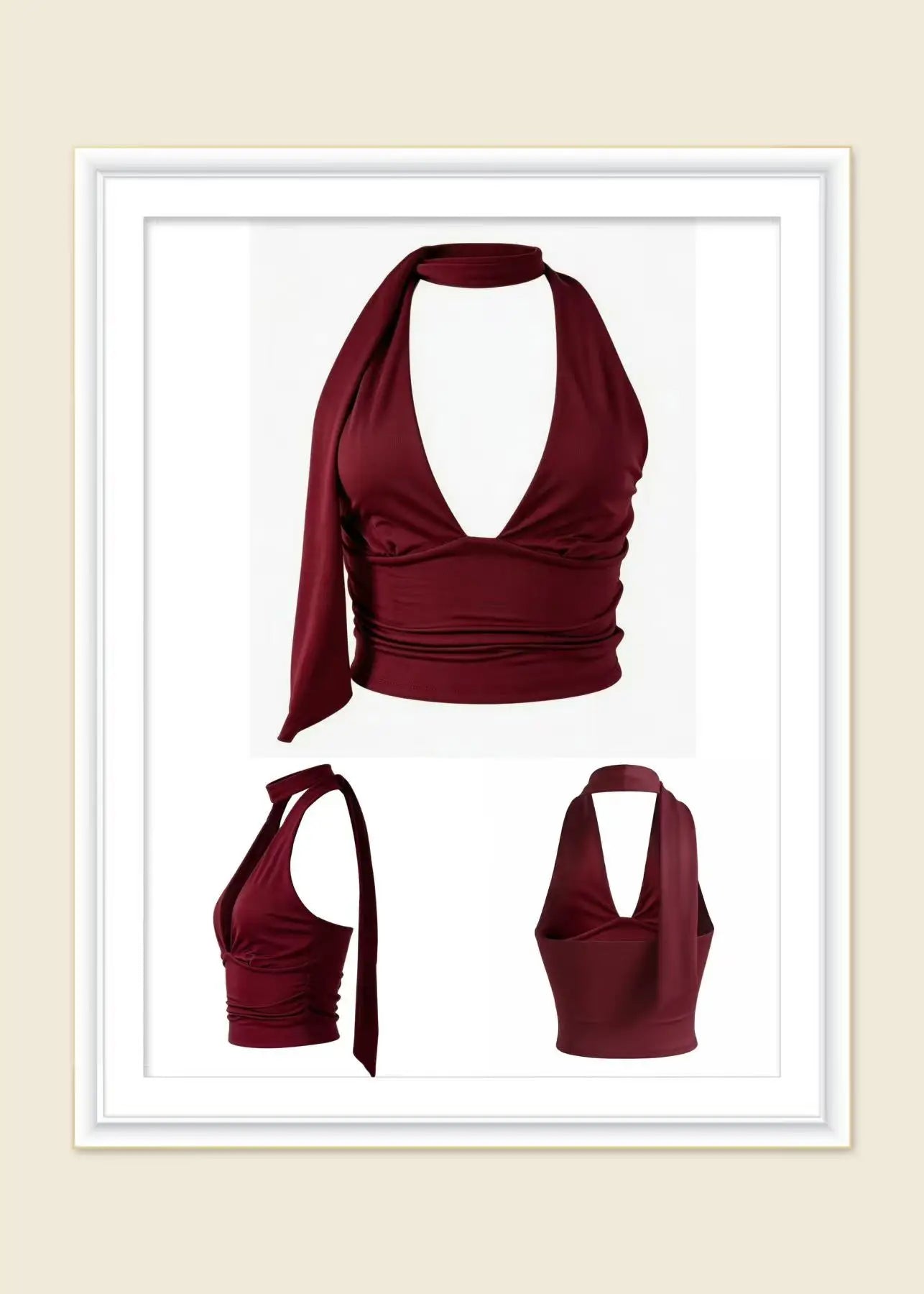 Elegant Burgundy Halter Neck Crop Top for Women Sexy Deep V Neck Sleeveless Backless Tie Top  Streetwear Party Clubwear Summer