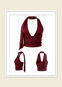 Elegant Burgundy Halter Neck Crop Top for Women Sexy Deep V Neck Sleeveless Backless Tie Top  Streetwear Party Clubwear Summer