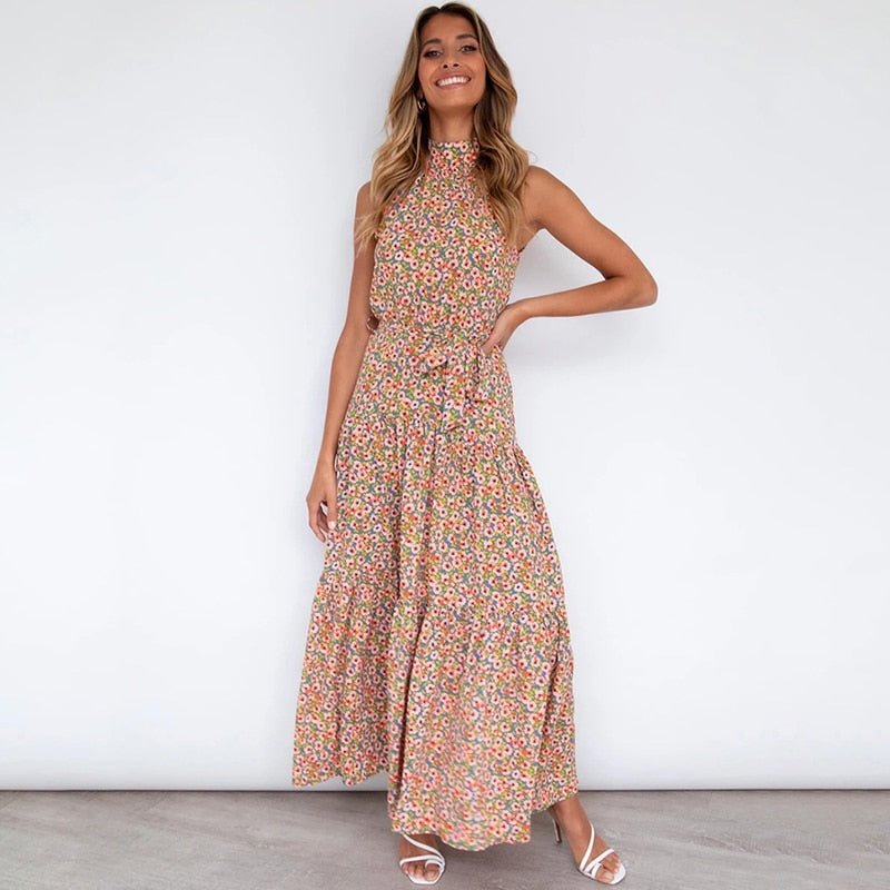 OUSLEE Summer Casual Long Dress Boho Style Halter Polka Dot Dresses Women Elegant Party Print Maxi Dresses Ladies Vestidos Mujer