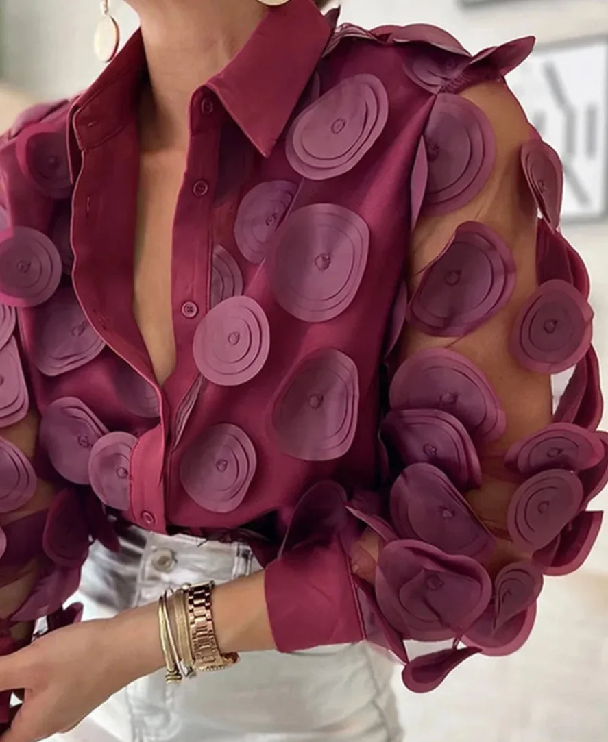 Spring Autumn 2024 New Top For Women Elegant Design Three-dimensional Flowers Transparent Thin Chiffon Shirt Long Sleeve