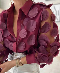 Spring Autumn 2024 New Top For Women Elegant Design Three-dimensional Flowers Transparent Thin Chiffon Shirt Long Sleeve