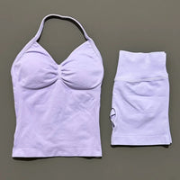 2 Pieces Sports Set Women Backless Halter Tops Fitness Tank Top High Waist Seamless High Stretch Shorts Gym Workout Sets