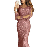 Elegant Ladies Vestidos Plus Size Chic Women Tassel Lantern Sleeve Sequined Tassel Long Sleeve V Neck Bodycon Party Maxi Dress