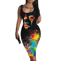 Summer Women Chic Tank Sleeveless Face Pattern Print Ladies Dress for Women 2023 Sexy Elegant Boho Dress Vestidos Bodycon Dress