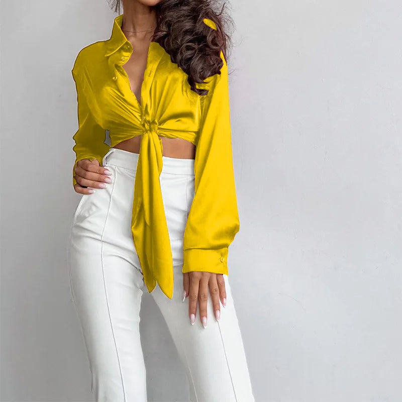 Spring And Autumn Fashion Women's Polo Neck Long Sleeve Leaky Umbilical Short Shirt Elegant Yellow Button Lace Up Top Blouse