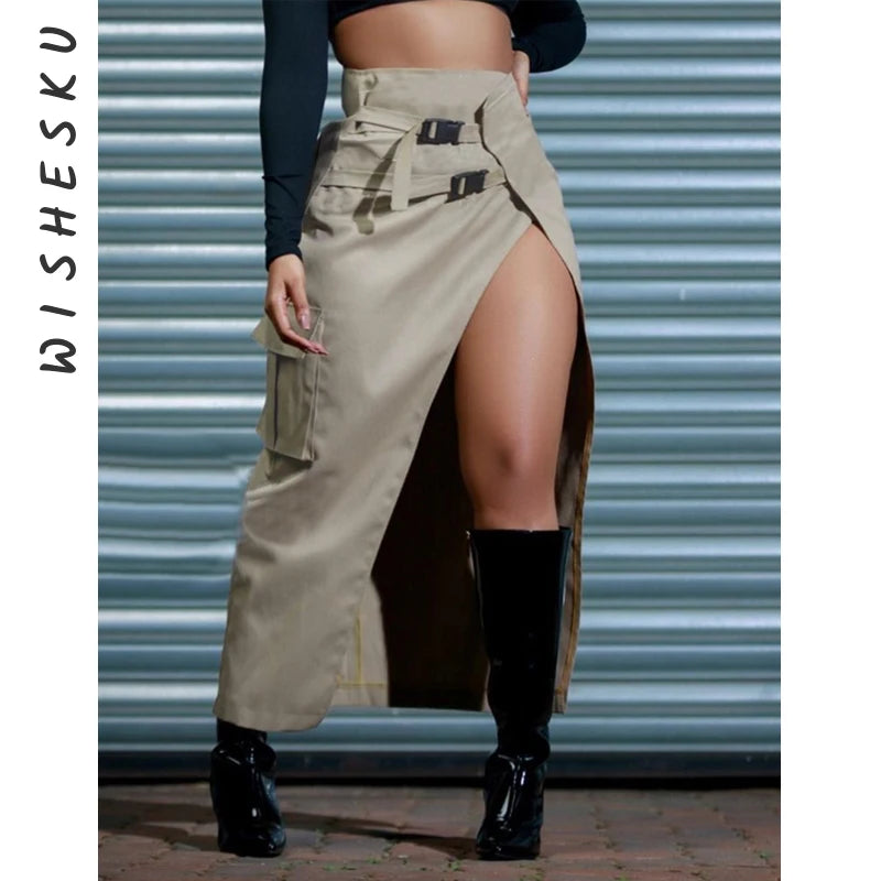 Streetwear High Slit Midi Skirts for Women Casual Belts Pockets Cargo Long Skirt Daily Bottoms Trend Y2K Clothing 2023 Fall