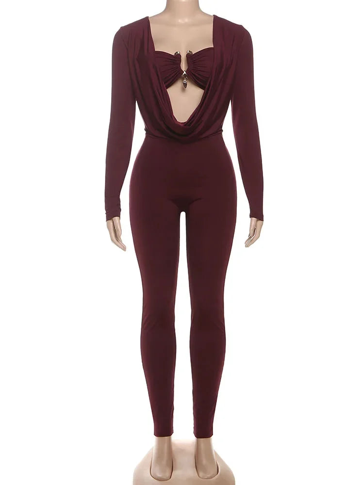 Sisterlinda Swinging Neck Slim Jumpsuits Sexy Hot Solid Cleavage Full Sleeve Elastic Overalls+Inside Chest Tanks Mujer Clubwear