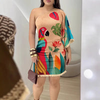 2025 Summer Women's Clothing New Tassel 3d Pattern Asymmetric Dress Sexy Slanted Collar National Style Casual Print Mini Dresses