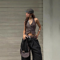 Plaid Print Vintage Cardigan V-neck Buttons Halter Casual Crop Tops Sexy Backless Sleeveless Tank Tops Fashion Streetwear Vest