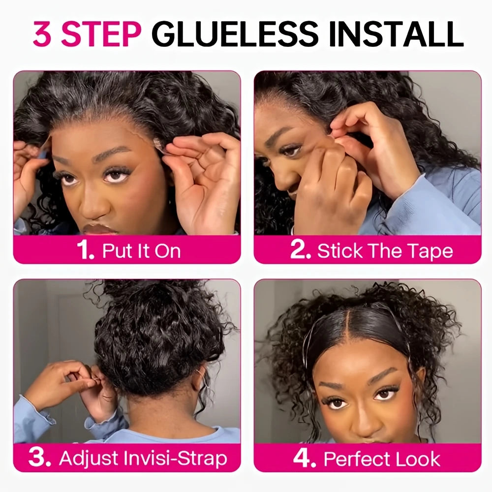 250% 30-36 inch HD Invisi Strap 360 Full Lace Frontal Kinky Curly Wig Black 100% Human Hair Drawstring Snug Water Wig Glueless