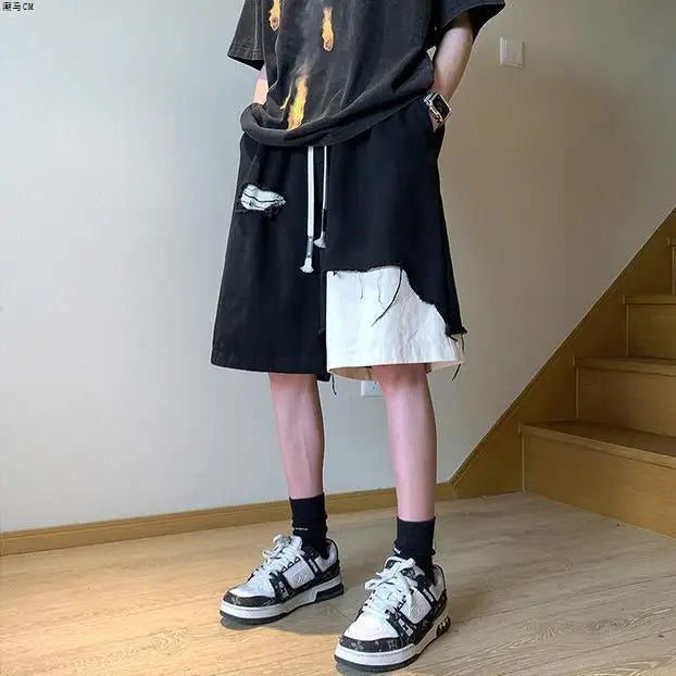 Denim Men's Summer Shorts Design Sense High Street Versatile Shorts Boys Contrasting Colors Irregular Splicing Ripped