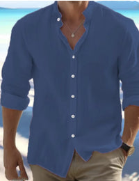 Men's Linen Button-down Shirt for Men Summer Beach Shirt Long Sleeves Plain Stand-up Collar, Spring/summer Casual Everyday Wear