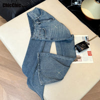 Women's Jeans Spring Retro Washed Diamond-encrusted Design Sense High-waisted Straight-leg Pants Loose Wide-leg Mopping Pants