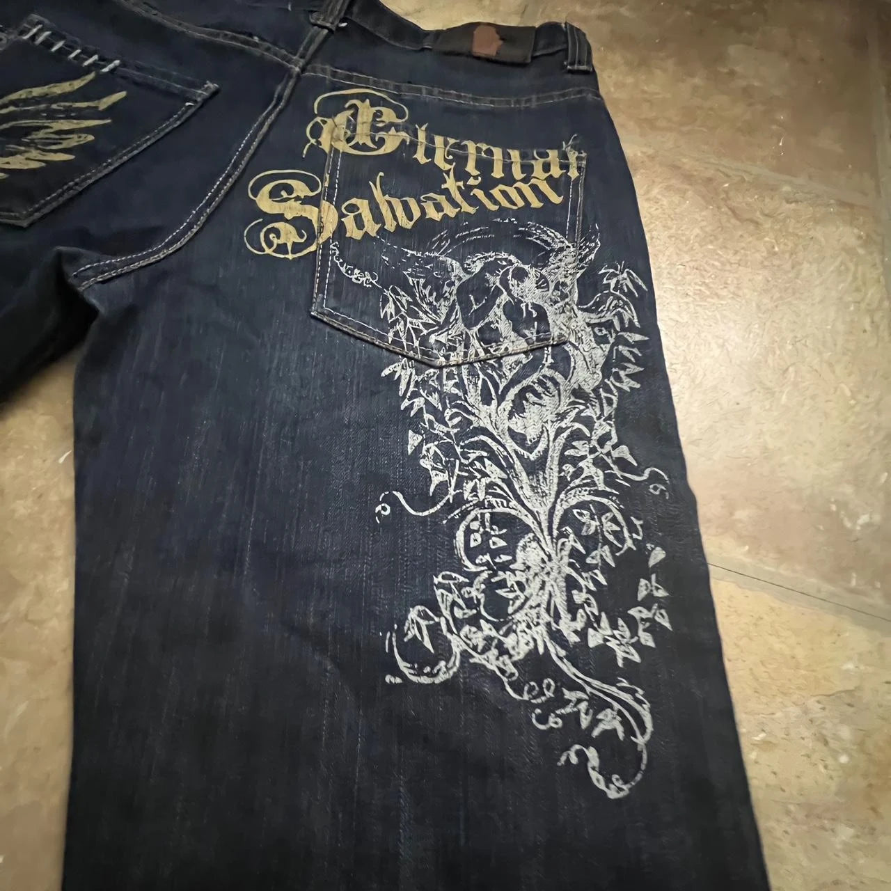 2000s washing old vintage printed jeans men gothic trend loose pants super large washing hip hop fashion wide pants