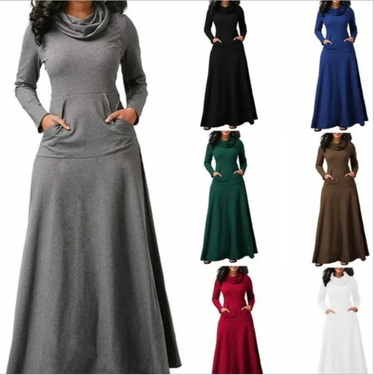 2023 New Elegant Long Maxi Dress Autumn Winter Warm High Collar Women Long-sleeved Dress  Woman Clothing With Pocket