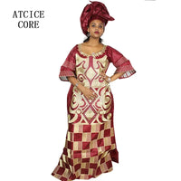 African Dresses For Woman Bazin Riche Computer Emboridery Plus Size Long Dress With Scarf