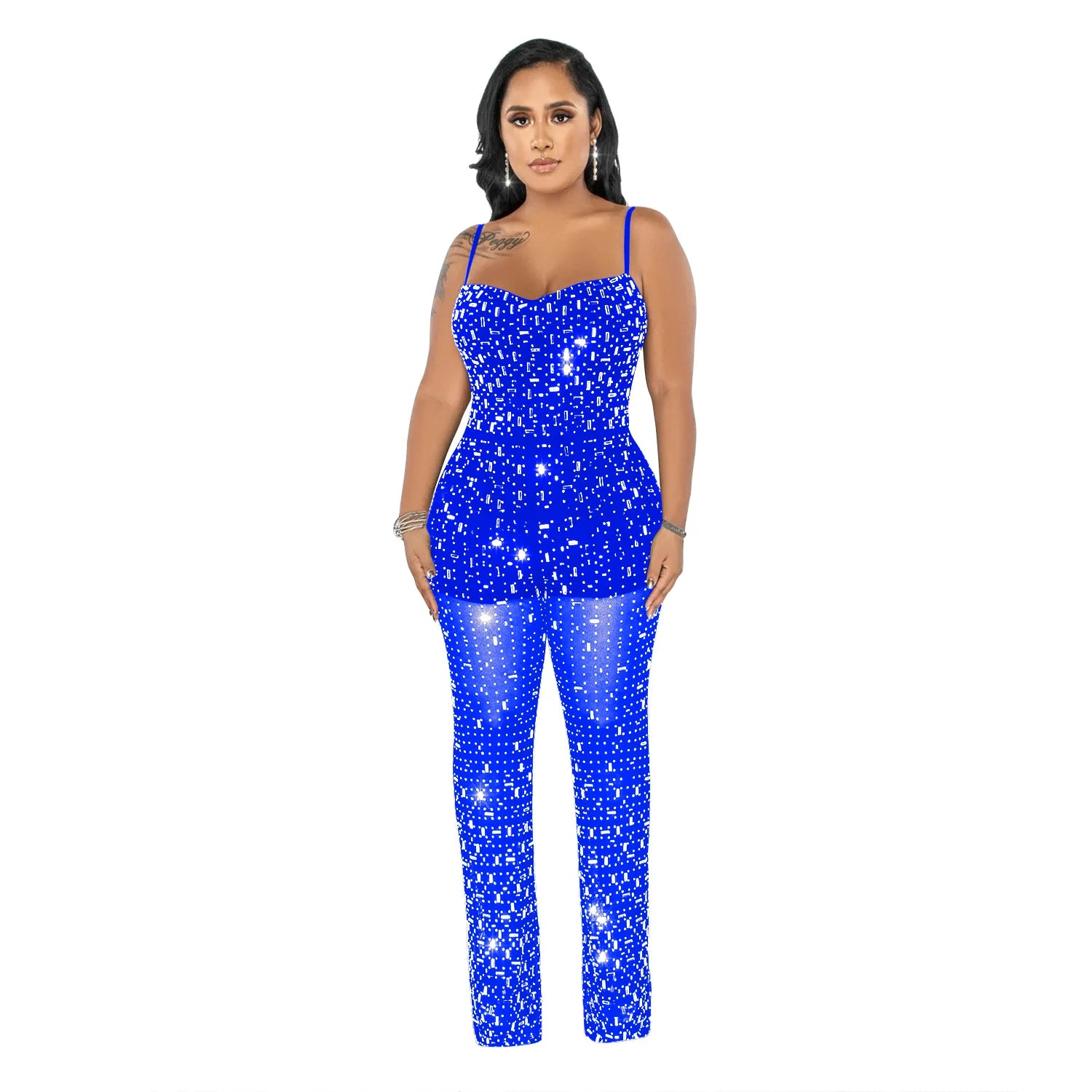 Meromi♡̆̈r Sexy Rhinestone Mesh Jumpsuit Sleeveless See Through One