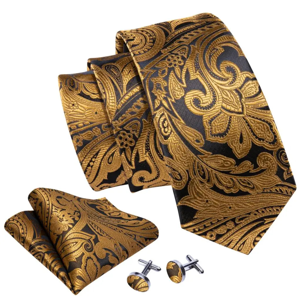 Barry.Wang Gold Silk Mens Tie Hanky Cufflinks Set Yellow Beige Orange Luxury Jacquard Necktie For Male Wedding Business Party