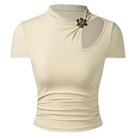 Women's Basic Cami High Neck Cutout Ruched T-shirt Knit Fitted Top Elegant 2026 Spring Summer Stylish Daily Stretchy Casual Top