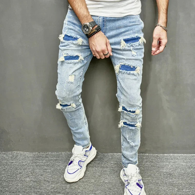 Skinny Denim Pants Men Jeans Holes Vintage Wash Pencil Pants 2025 Pockets Solid Casual Slim Fit Punk Style Spliced Distressed
