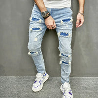Skinny Denim Pants Men Jeans Holes Vintage Wash Pencil Pants 2025 Pockets Solid Casual Slim Fit Punk Style Spliced Distressed