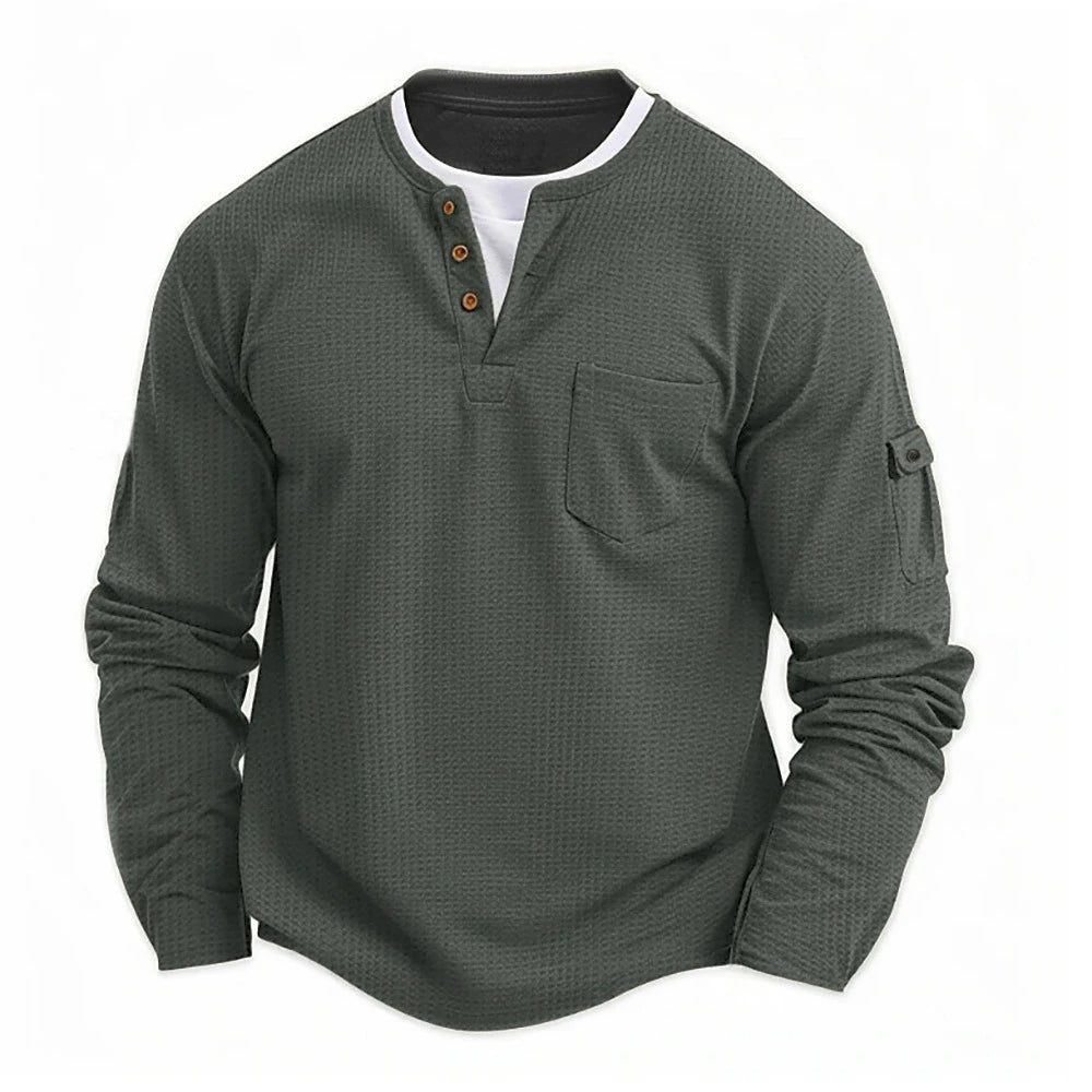 Men's New  Button Henley neck Shirt Long Sleeve Casual Button Solid color T-Shirt Fashion Waffle Cotton Fake two-piece T-Shirt