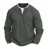 Men's New  Button Henley neck Shirt Long Sleeve Casual Button Solid color T-Shirt Fashion Waffle Cotton Fake two-piece T-Shirt