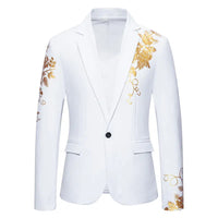 Metal-printed Men's Long-sleeved Suit Jacket, White V-neck Blazers, Wine Red Wedding Party Performance Coat.European Sizes M-3XL