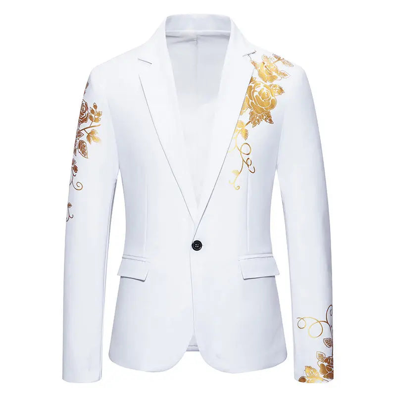 Metal-printed Men's Long-sleeved Suit Jacket, White V-neck Blazers, Wine Red Wedding Party Performance Coat.European Sizes M-3XL